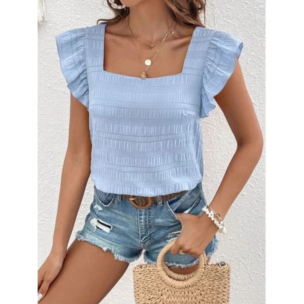 Women's Light Blue Textured Plaid Blouse Square Neck Flutter Sleeve Size M